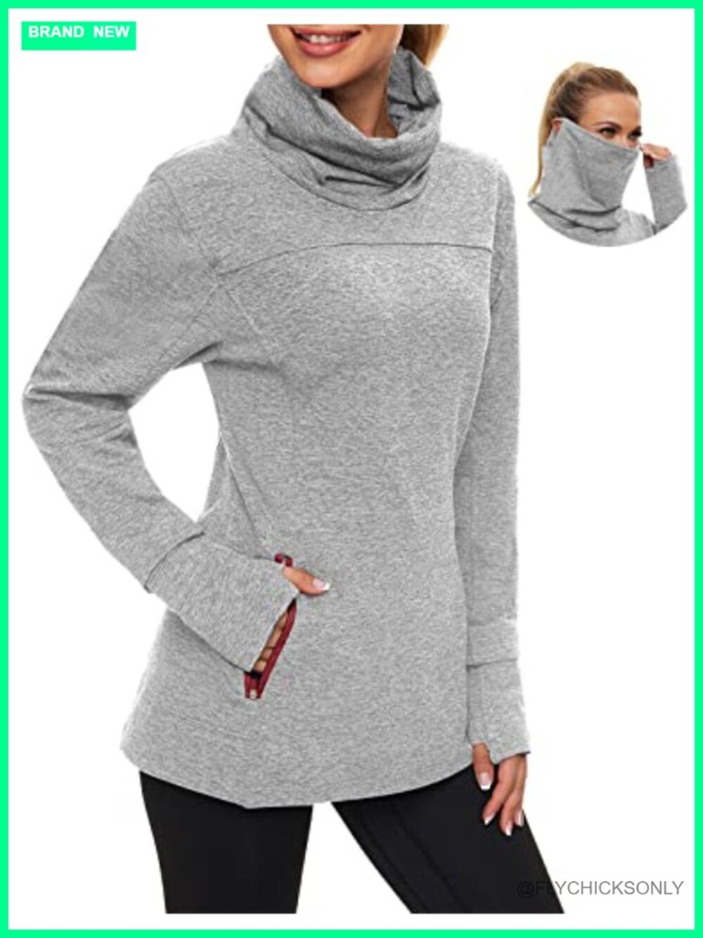 Women's Fleece Sweatshirt Cowl Neck Pullover Thumb Holes Neck Gaiter Running
